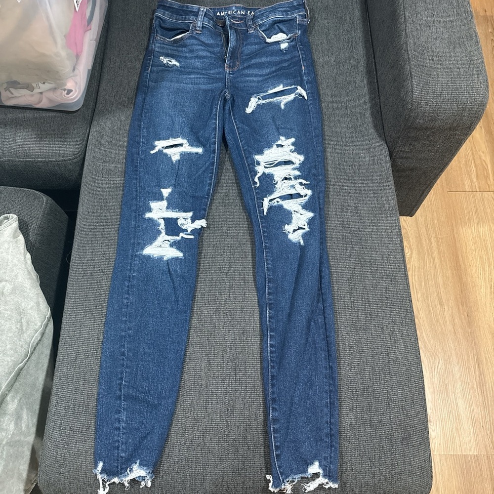 American Eagle Outfitters Blue Skinny Jeans with Distressed Details